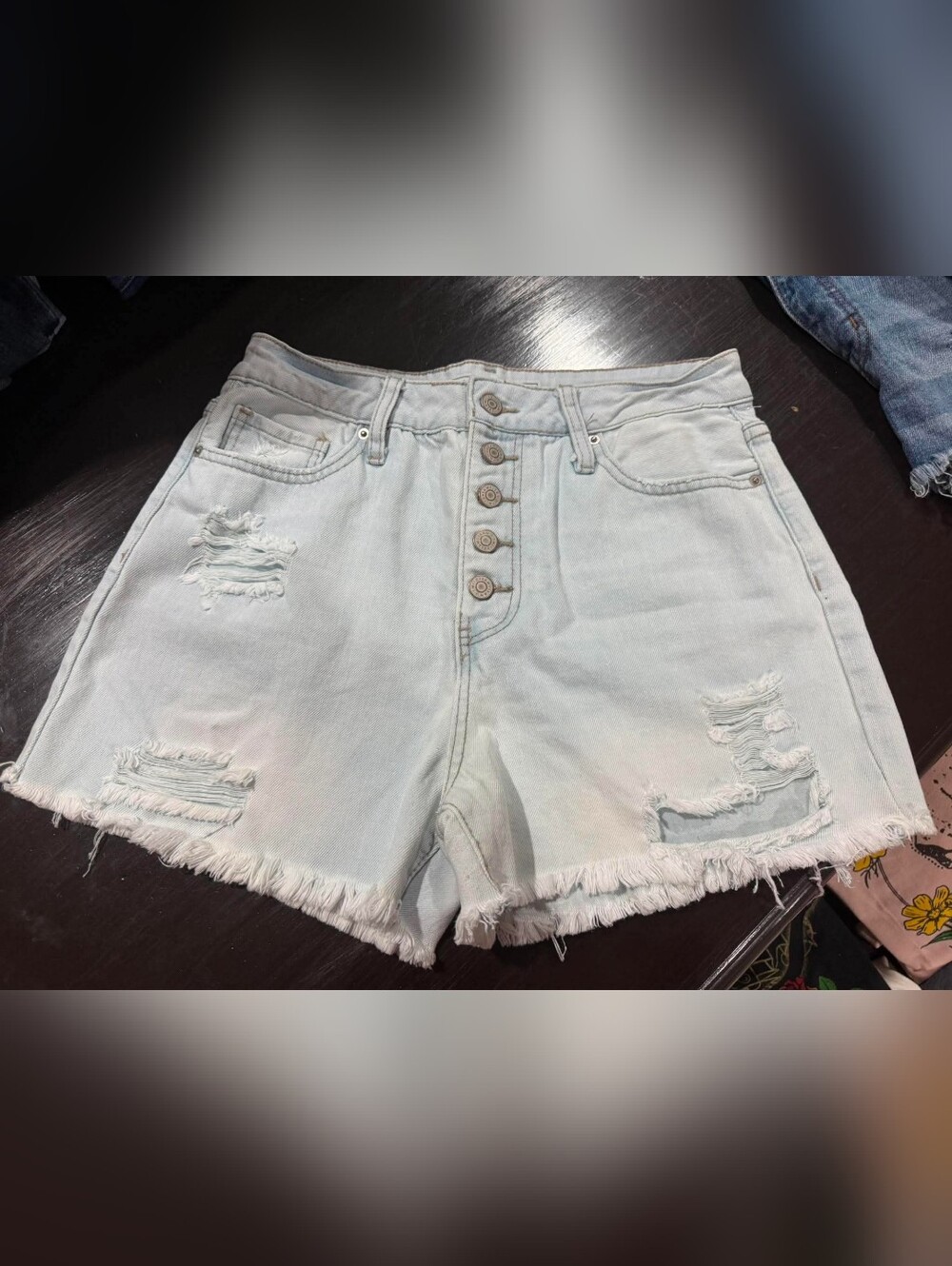 High-Waist Light Wash Distressed Button Fly Denim Shorts